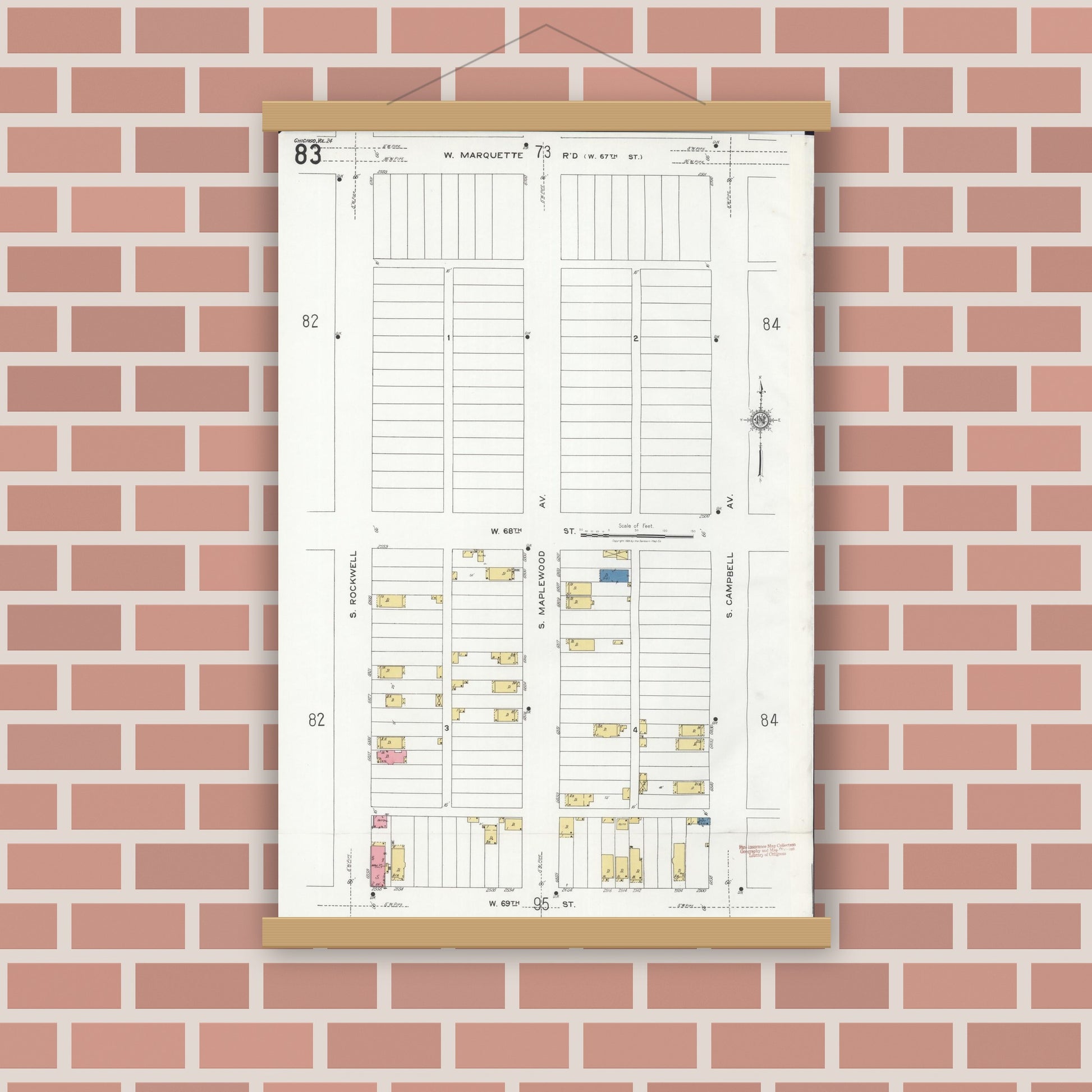 Old map wall art mockup — magnetic wood frame on brick wall — Sanborn Fire Insurance Map from Chicago, Cook County, Illinois (1920), Sheet #0083