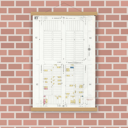 Old map wall art mockup — magnetic wood frame on brick wall — Sanborn Fire Insurance Map from Chicago, Cook County, Illinois (1920), Sheet #0083