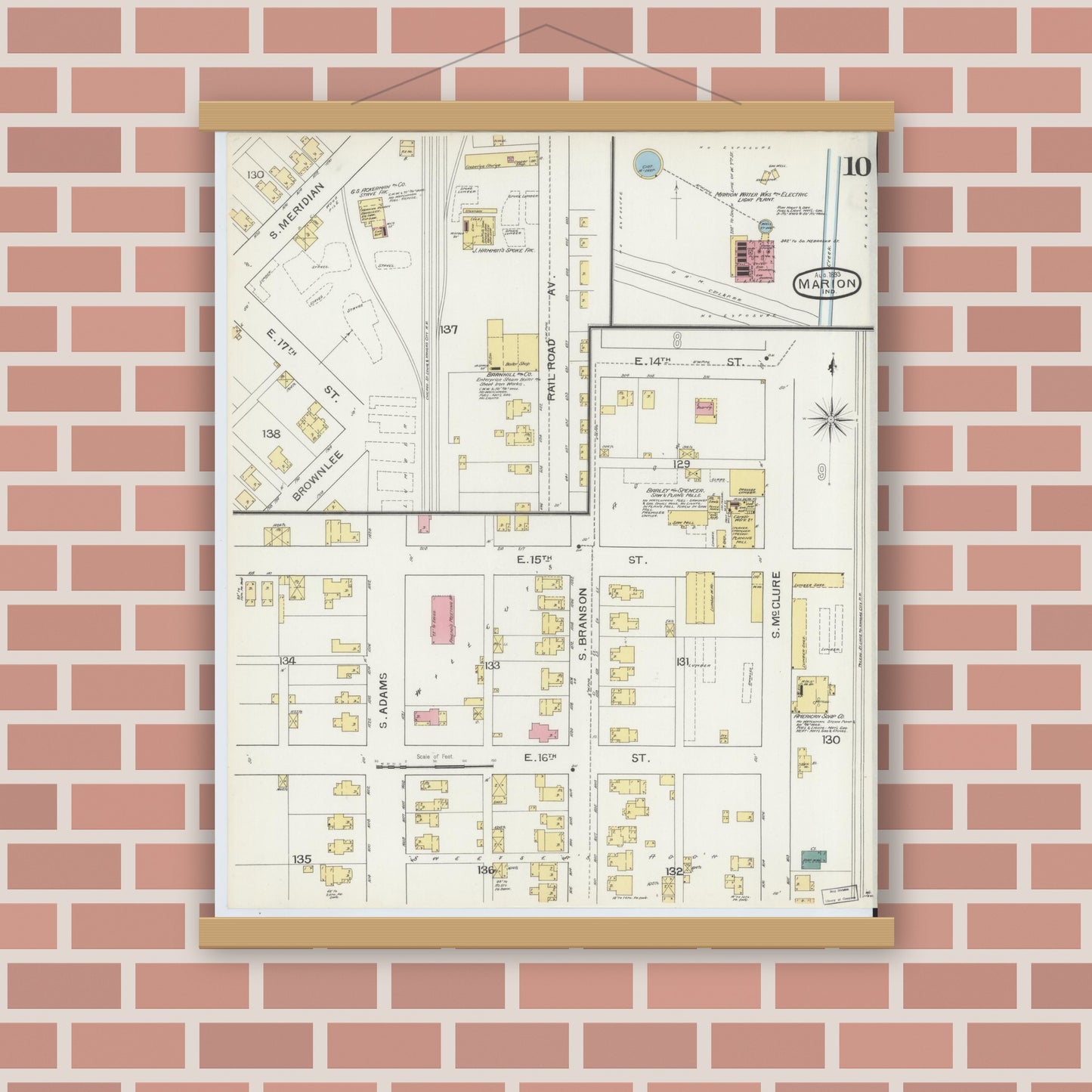 Old map wall art mockup — magnetic wood frame on brick wall — Sanborn Fire Insurance Map from Marion, Grant County, Indiana (1893), Sheet #0010