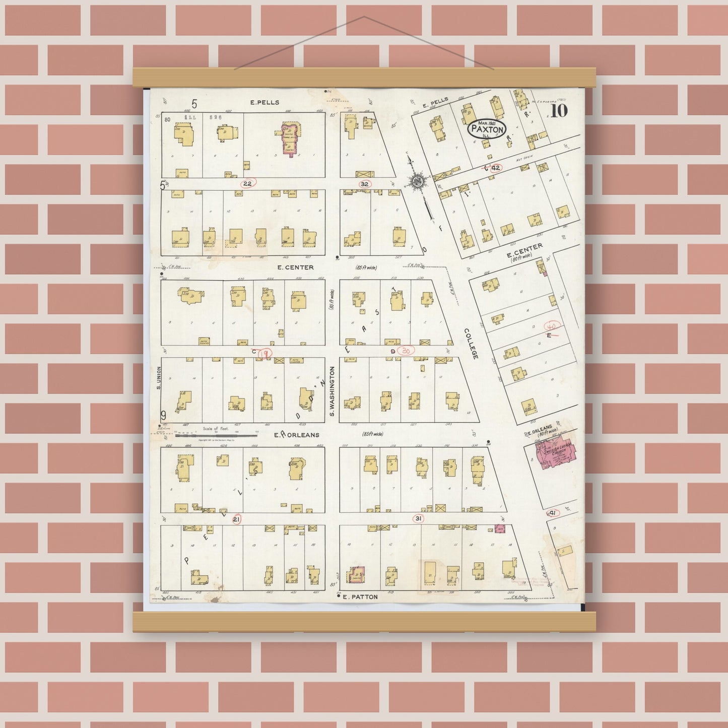 Old map wall art mockup — magnetic wood frame on brick wall — Sanborn Fire Insurance Map from Paxton, Ford County, Illinois (1932), Sheet #0010