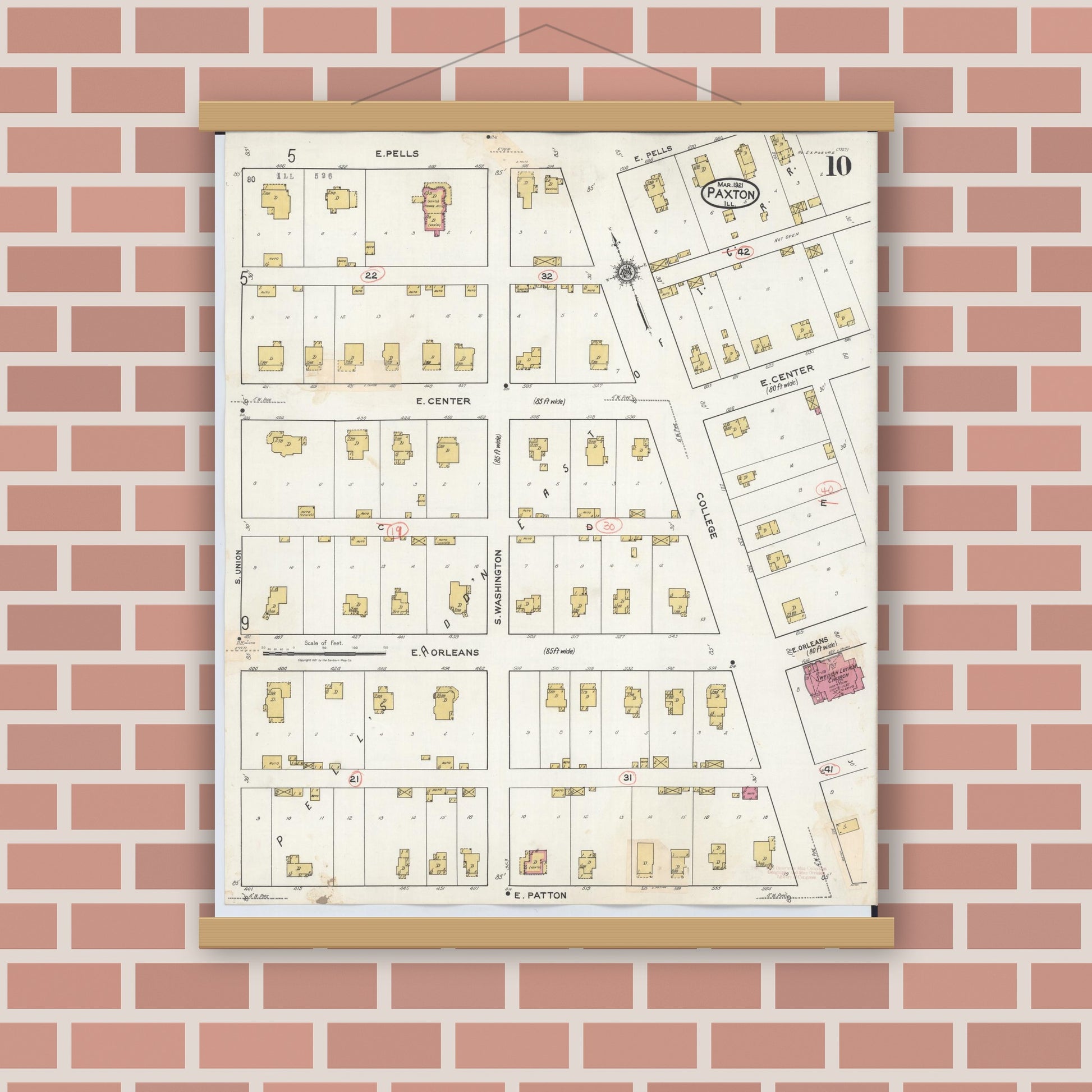 Old map wall art mockup — magnetic wood frame on brick wall — Sanborn Fire Insurance Map from Paxton, Ford County, Illinois (1932), Sheet #0010