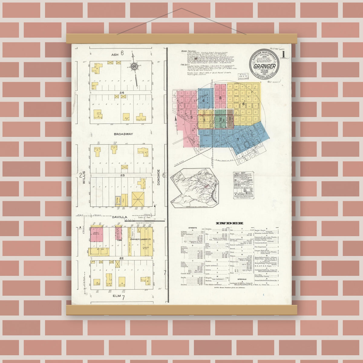 Old map wall art mockup — magnetic wood frame on brick wall — Sanborn Fire Insurance Map from Granger, Williamson County, Texas (1921) - Complete Map Set