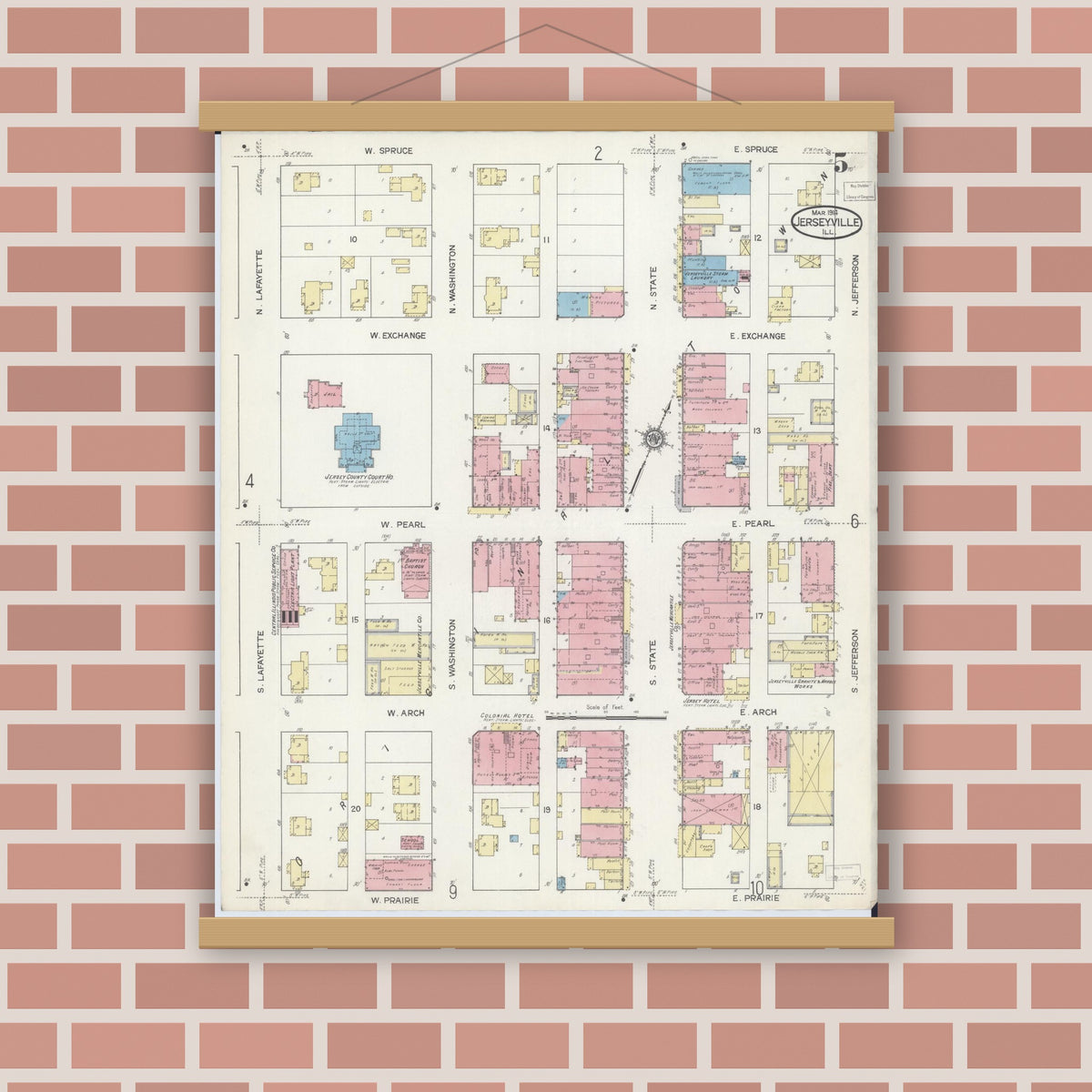 Old map wall art mockup — magnetic wood frame on brick wall — Sanborn Fire Insurance Map from Jerseyville, Jersey County, Illinois (1914), Sheet #0005