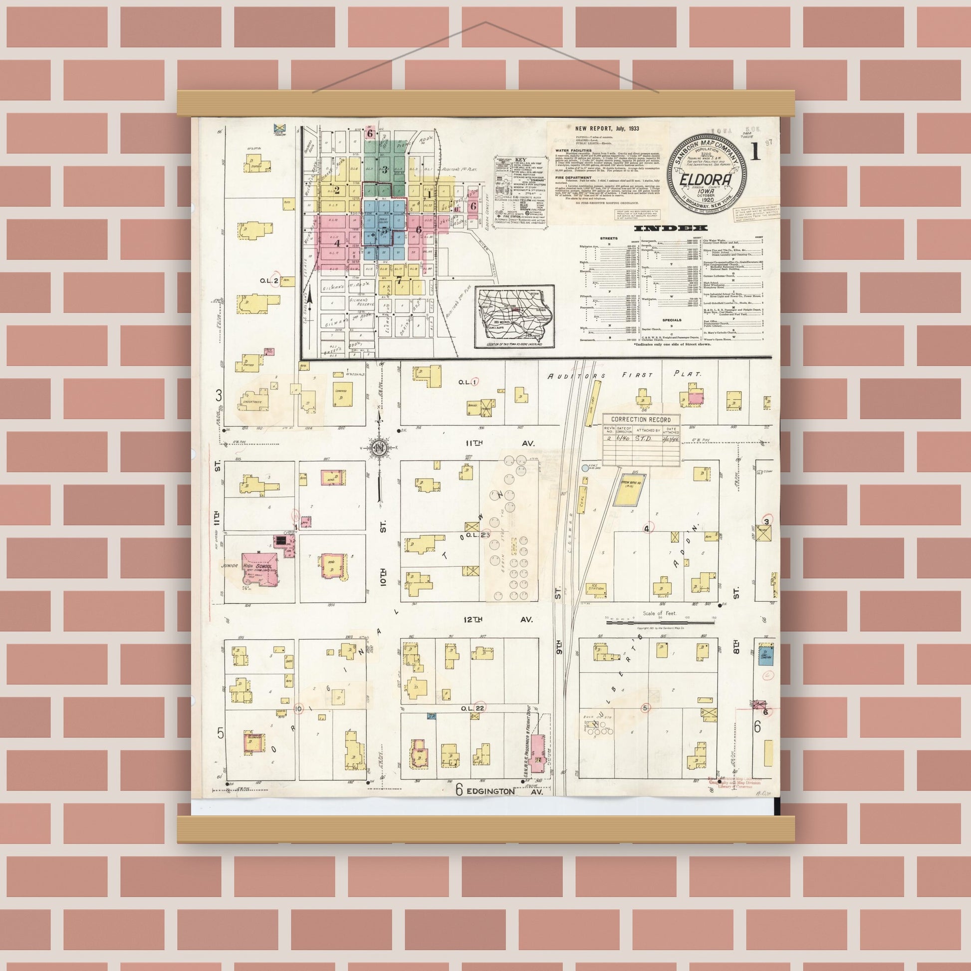 Old map wall art mockup — magnetic wood frame on brick wall — Sanborn Fire Insurance Map from Eldora, Hardin County, Iowa (1940), Sheet #0001