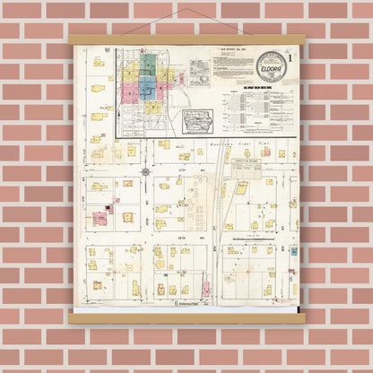 Old map wall art mockup — magnetic wood frame on brick wall — Sanborn Fire Insurance Map from Eldora, Hardin County, Iowa (1940), Sheet #0001