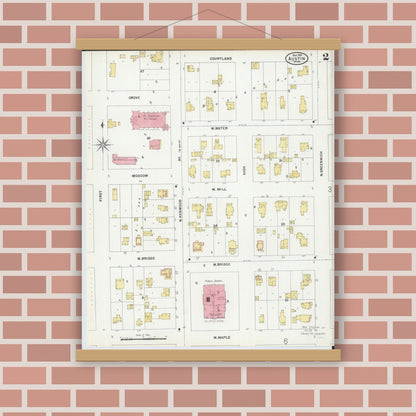 Old map wall art mockup — magnetic wood frame on brick wall — Sanborn Fire Insurance Map from Austin, Mower County, Minnesota (1899), Sheet #0002