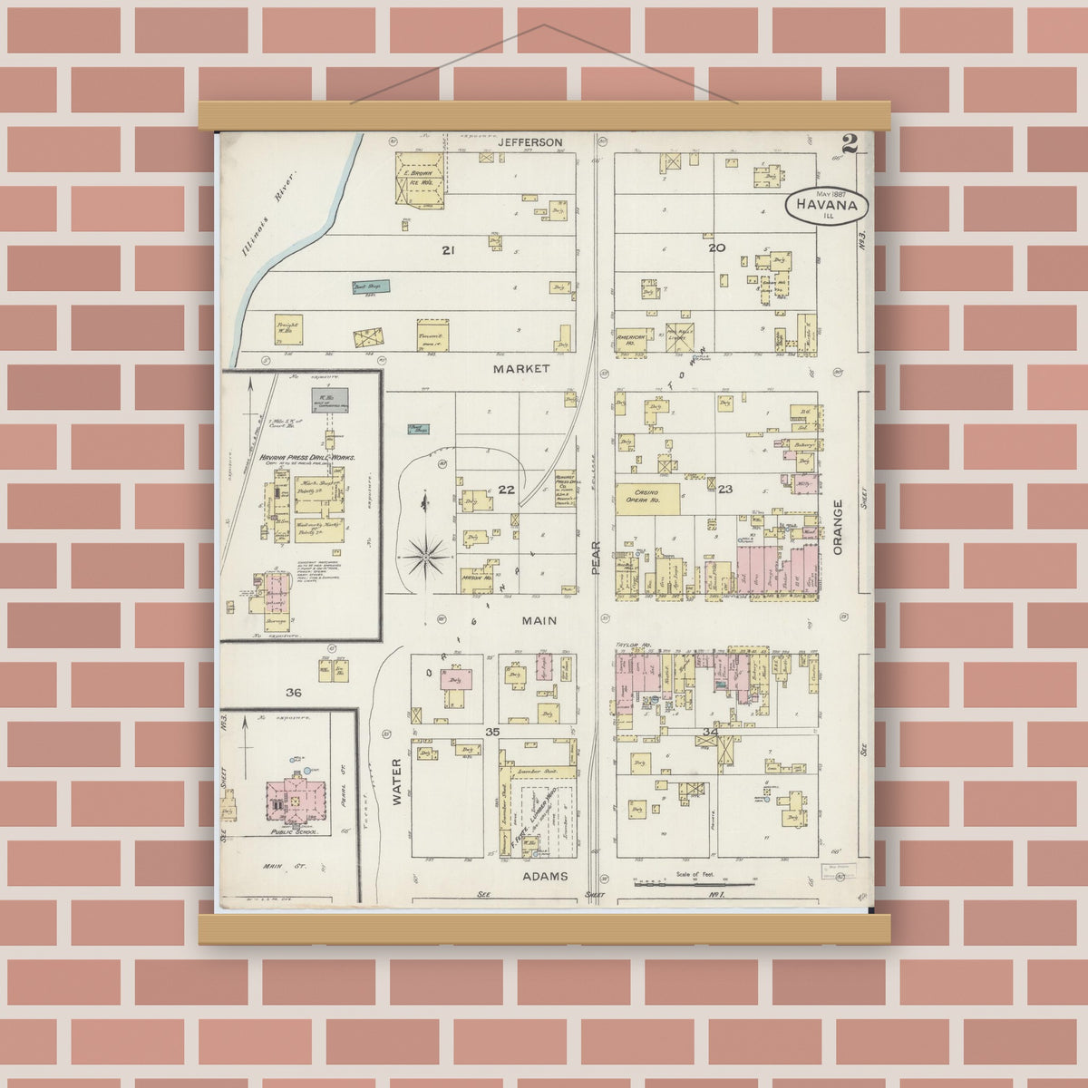Old map wall art mockup — magnetic wood frame on brick wall — Sanborn Fire Insurance Map from Havana, Mason County, Illinois (1887), Sheet #0002