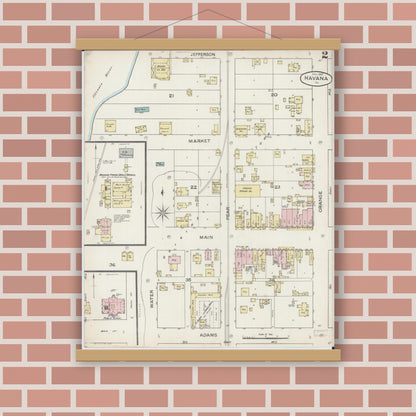 Old map wall art mockup — magnetic wood frame on brick wall — Sanborn Fire Insurance Map from Havana, Mason County, Illinois (1887), Sheet #0002