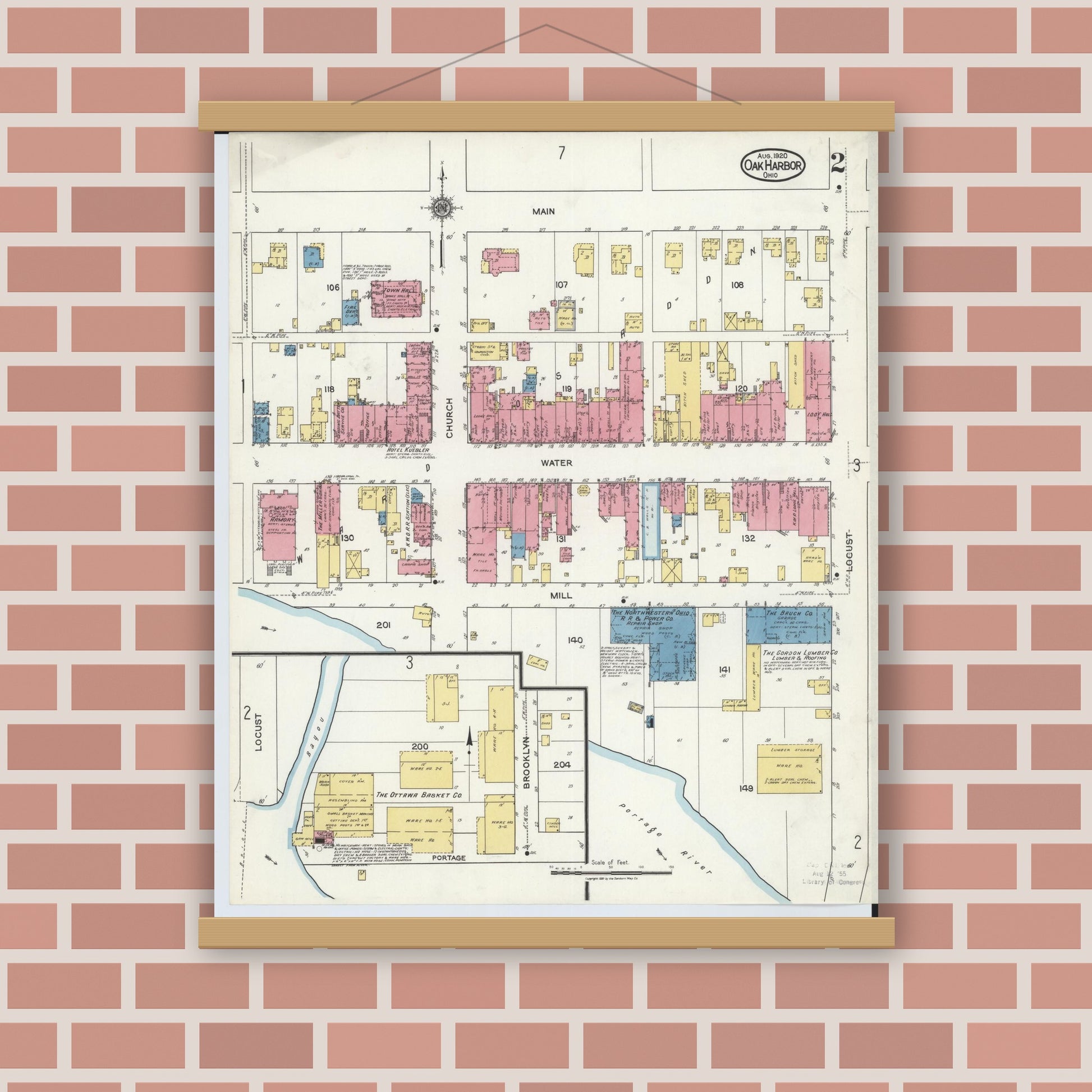 Old map wall art mockup — magnetic wood frame on brick wall — Sanborn Fire Insurance Map from Oak Harbor, Ottawa County, Ohio (1920), Sheet #0002