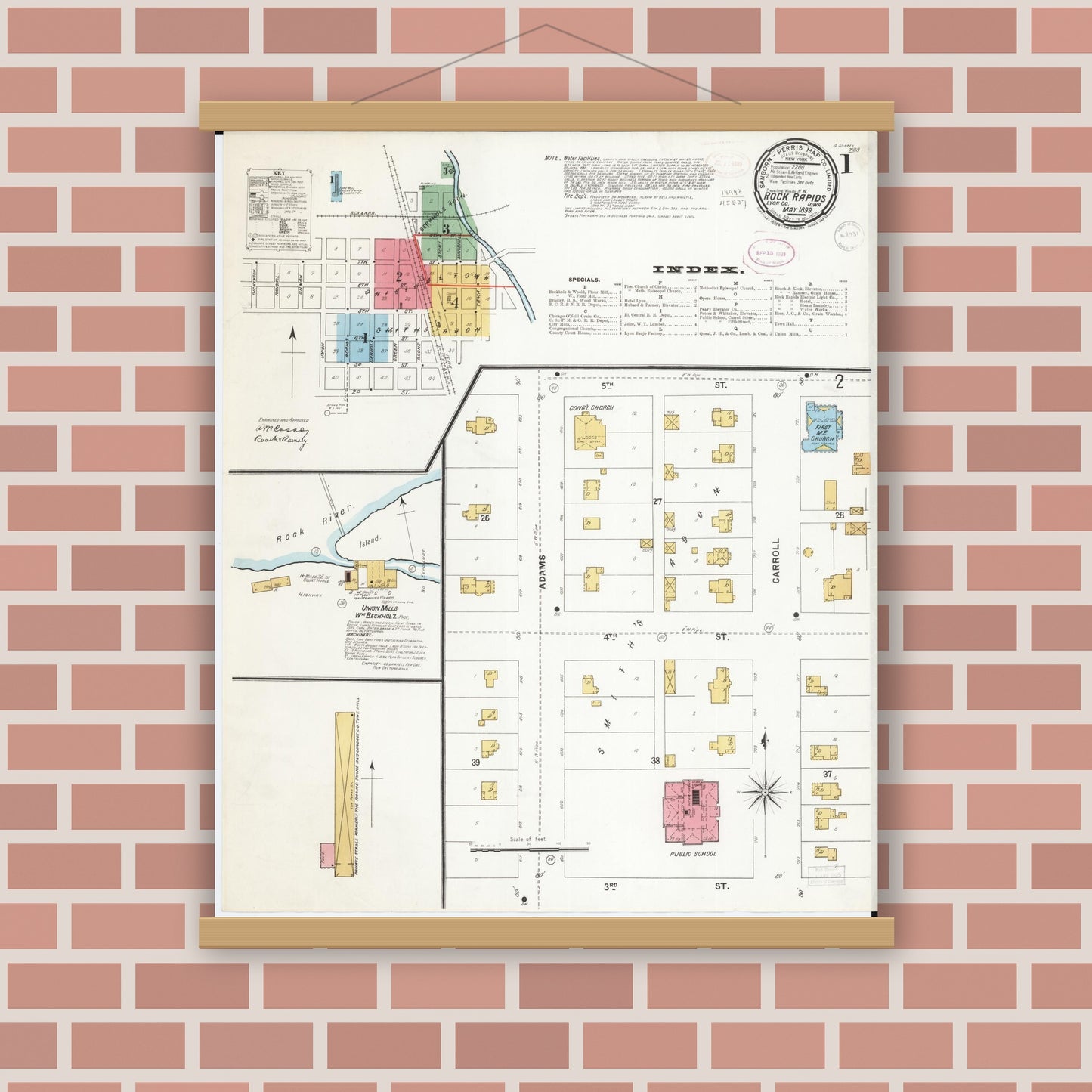 Old map wall art mockup — magnetic wood frame on brick wall — Sanborn Fire Insurance Map from Rock Rapids, Lyon County, Iowa (1899) â€” Complete Set