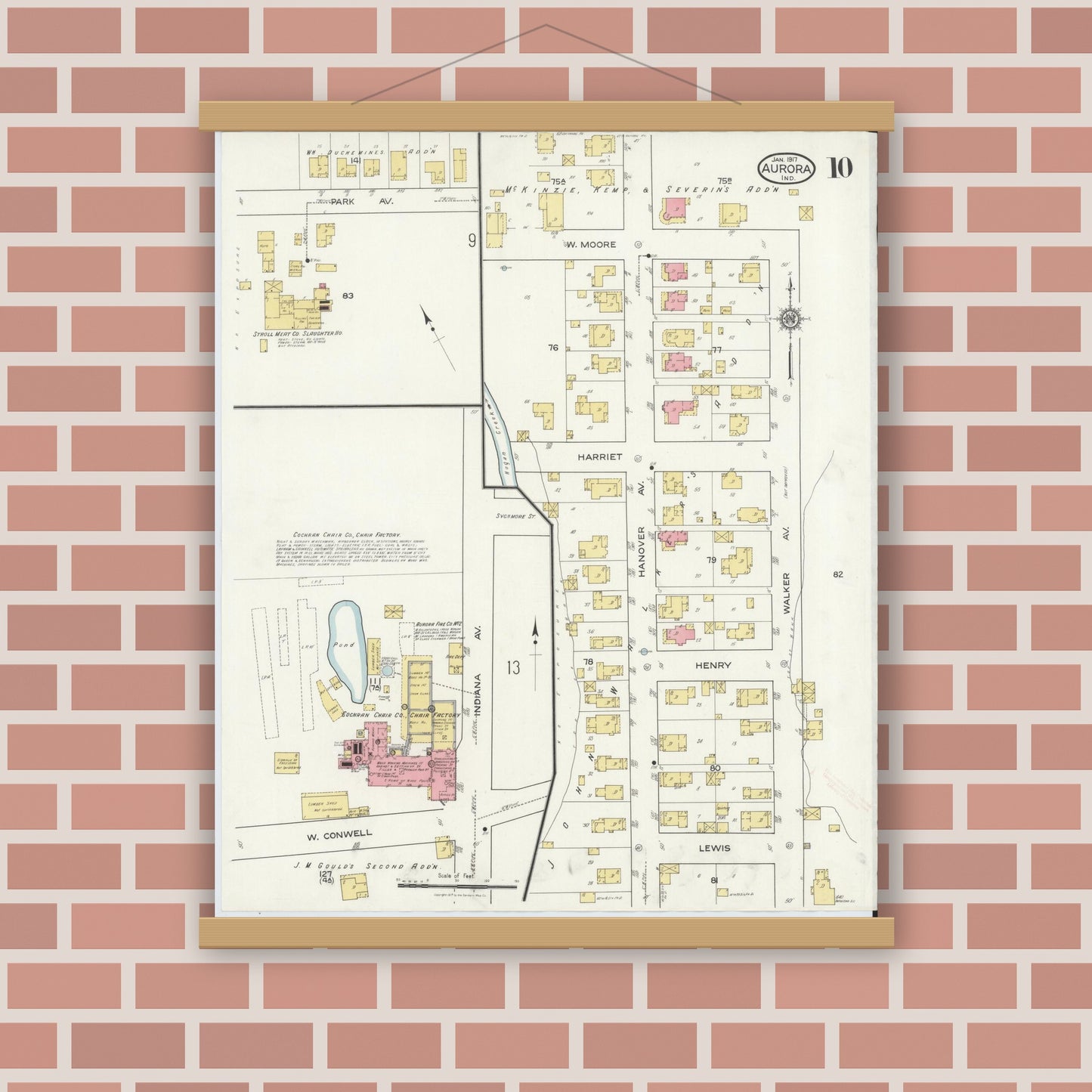 Old map wall art mockup — magnetic wood frame on brick wall — Sanborn Fire Insurance Map from Aurora, Dearborn County, Indiana (1917), Sheet #0010