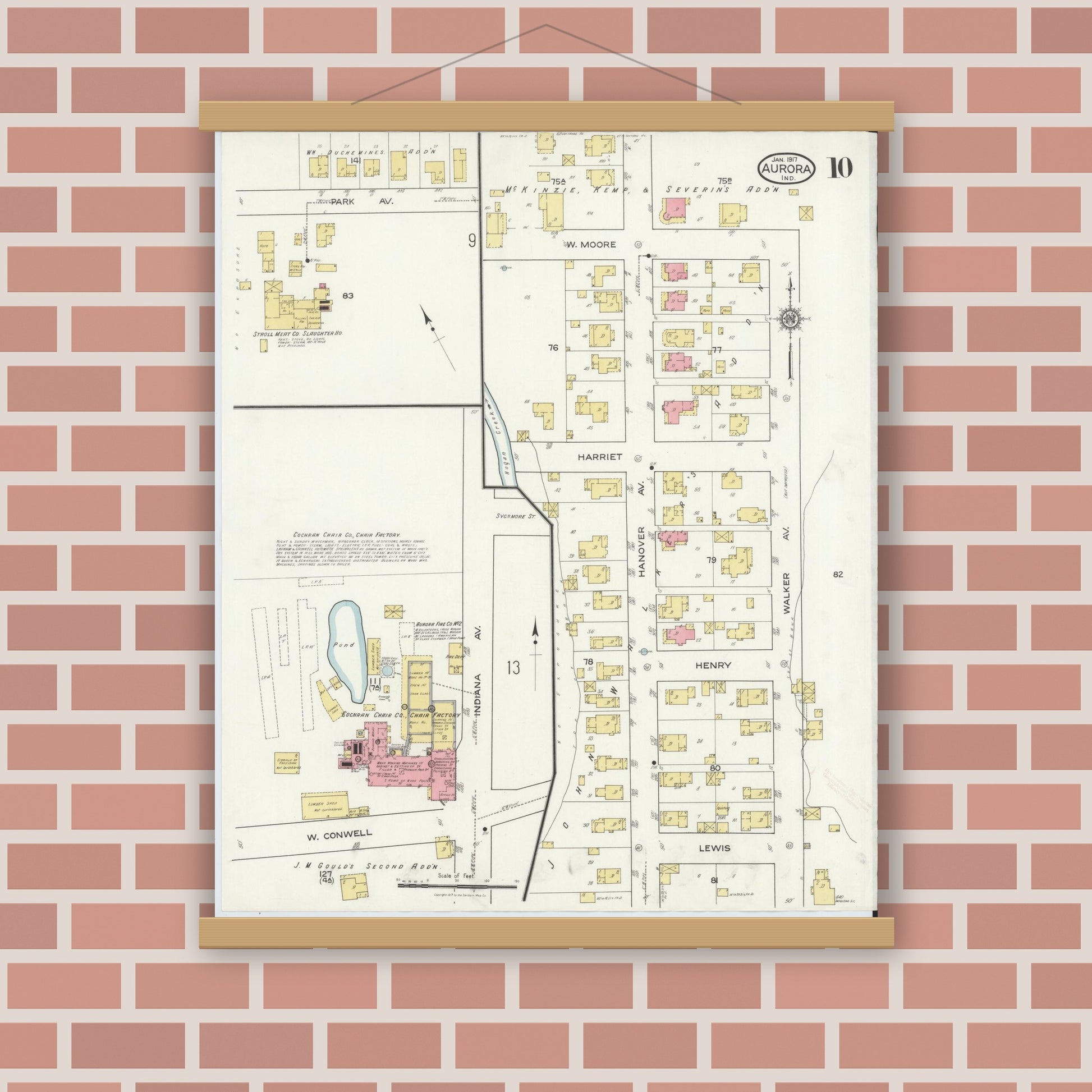 Old map wall art mockup — magnetic wood frame on brick wall — Sanborn Fire Insurance Map from Aurora, Dearborn County, Indiana (1917), Sheet #0010