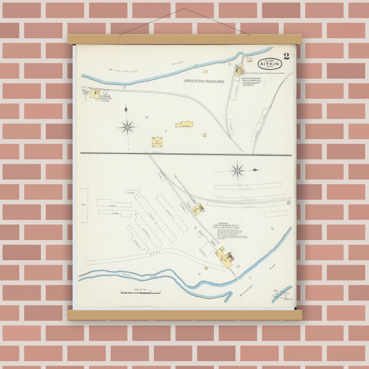 Old map wall art mockup — magnetic wood frame on brick wall — Sanborn Fire Insurance Map from Aitkin, Aitkin County, Minnesota (1892), Sheet #0002