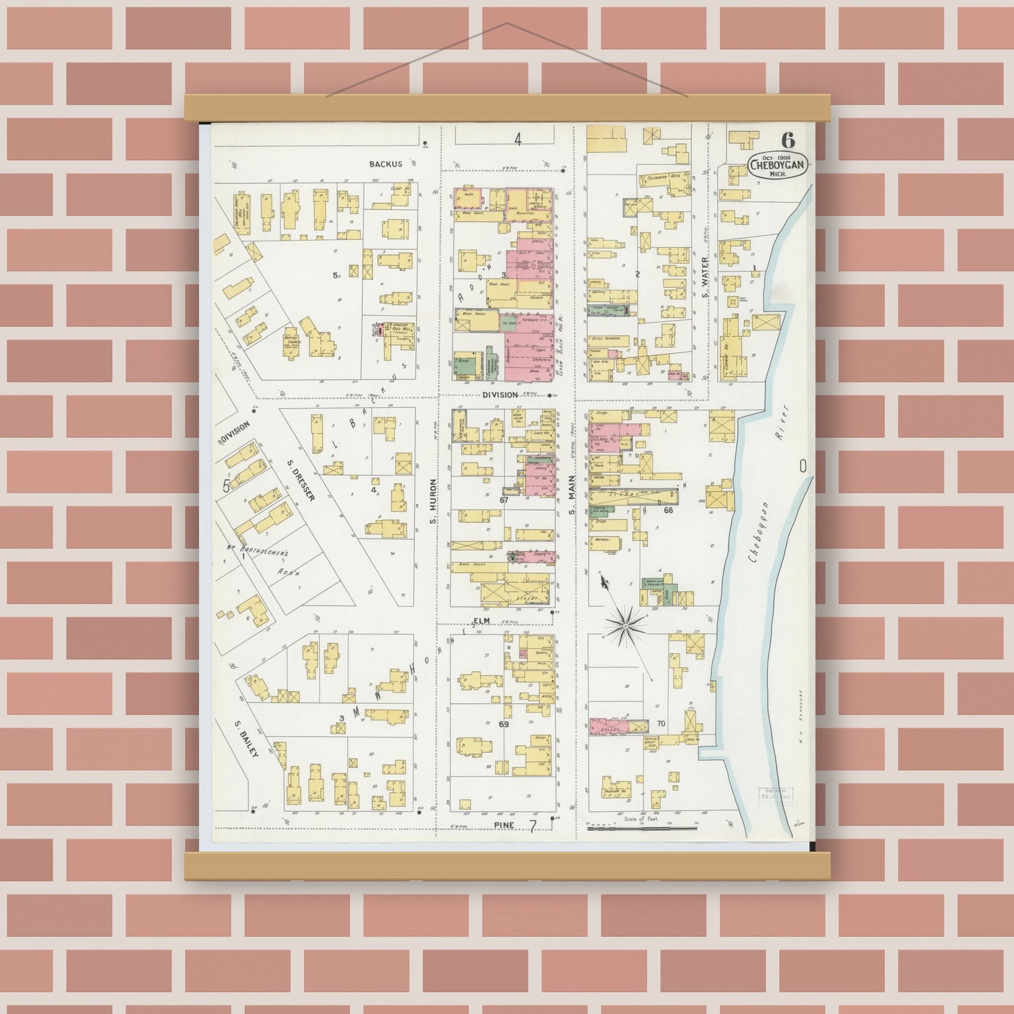 Old map wall art mockup — magnetic wood frame on brick wall — Sanborn Fire Insurance Map from Cheboygan, Cheboygan County, Michigan (1900), Sheet #0006