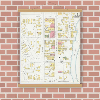 Old map wall art mockup — magnetic wood frame on brick wall — Sanborn Fire Insurance Map from Cheboygan, Cheboygan County, Michigan (1900), Sheet #0006