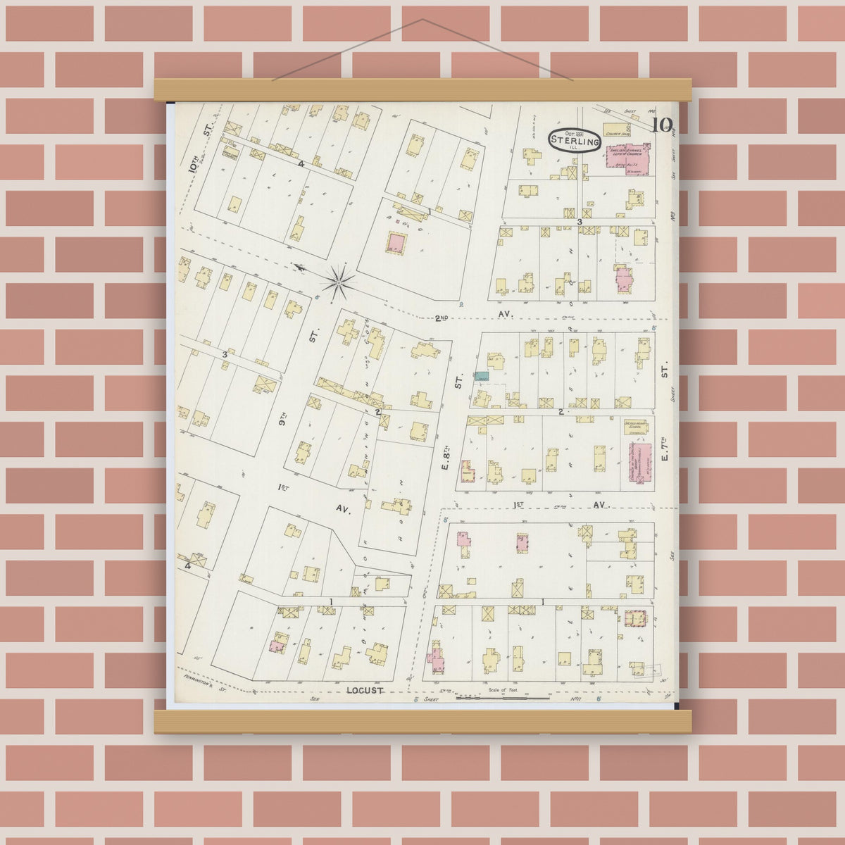 Old map wall art mockup — magnetic wood frame on brick wall — Sanborn Fire Insurance Map from Sterling, Whiteside County, Illinois (1891), Sheet #0010