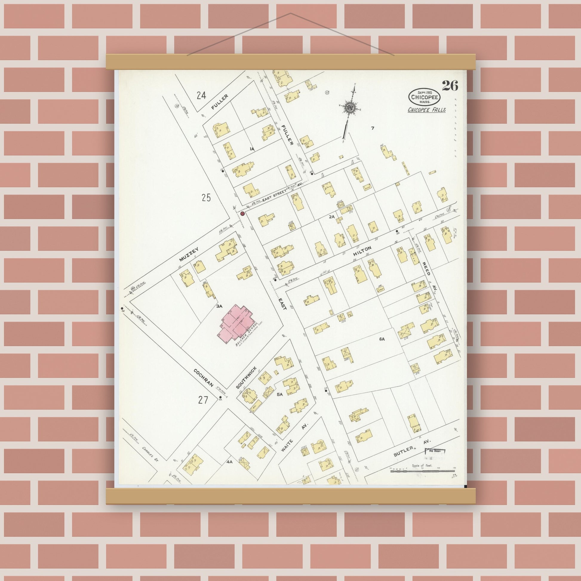 Old map wall art mockup — magnetic wood frame on brick wall — Sanborn Fire Insurance Map from Chicopee, Hampden County, Massachusetts (1910), Sheet #0026