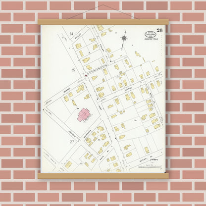 Old map wall art mockup — magnetic wood frame on brick wall — Sanborn Fire Insurance Map from Chicopee, Hampden County, Massachusetts (1910), Sheet #0026