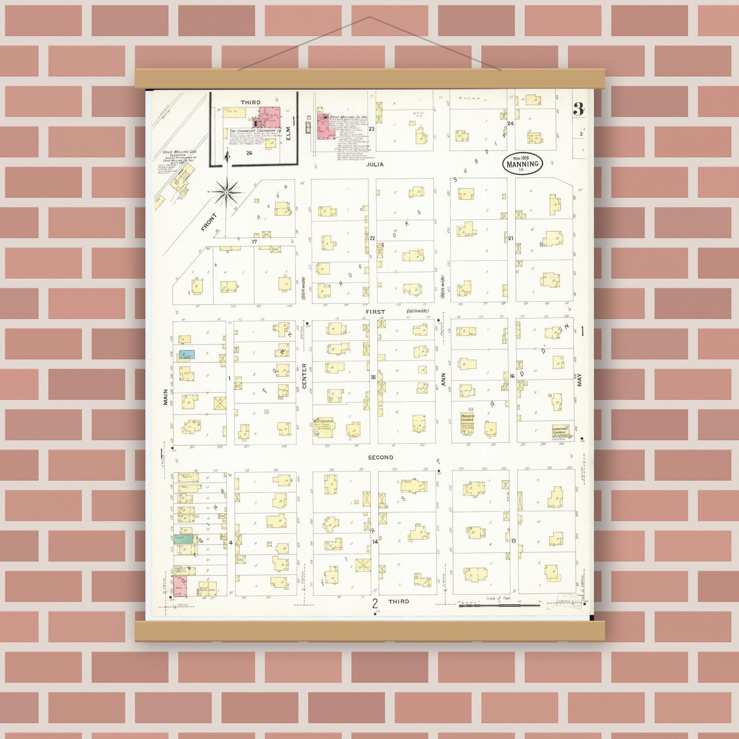Old map wall art mockup — magnetic wood frame on brick wall — Sanborn Fire Insurance Map from Manning, Carroll County, Iowa (1908), Sheet #0003