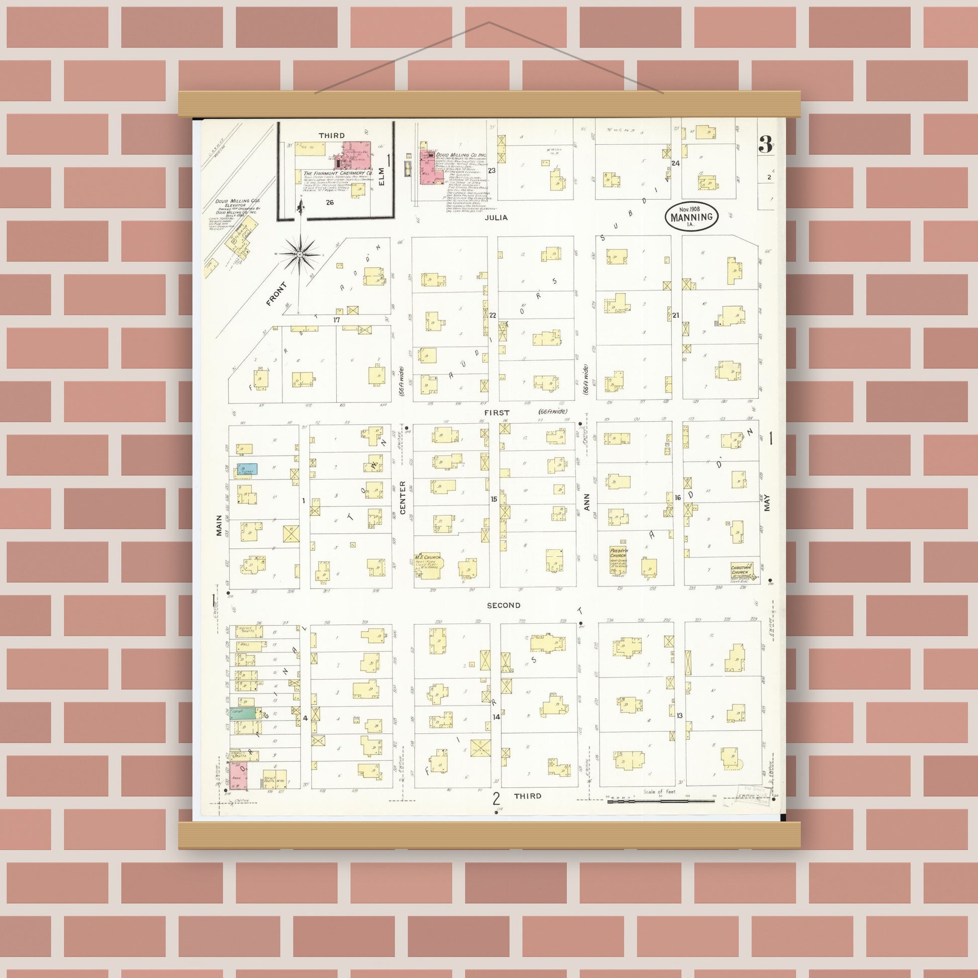 Old map wall art mockup — magnetic wood frame on brick wall — Sanborn Fire Insurance Map from Manning, Carroll County, Iowa (1908), Sheet #0003