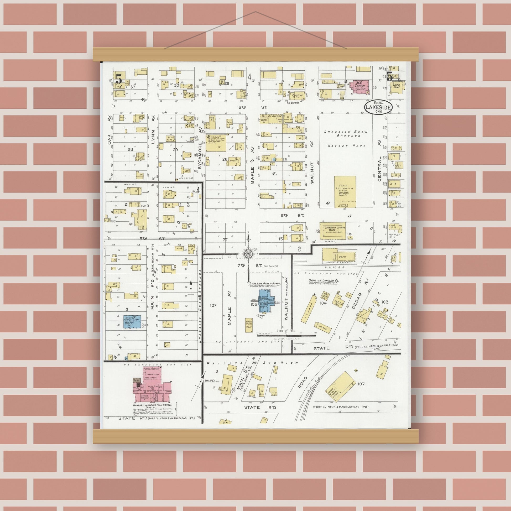 Old map wall art mockup — magnetic wood frame on brick wall — Sanborn Fire Insurance Map from Lakeside, Ottawa County, Ohio (1927), Sheet #0005