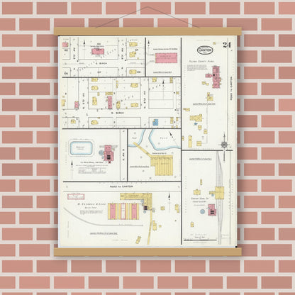 Old map wall art mockup — magnetic wood frame on brick wall — Sanborn Fire Insurance Map from Canton, Fulton County, Illinois (1917), Sheet #0024