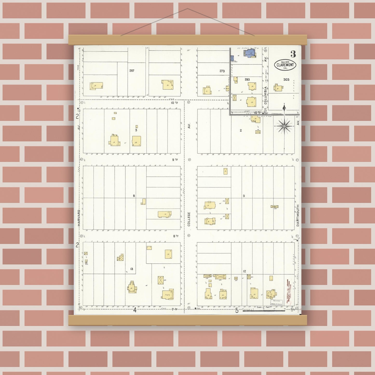 Old map wall art mockup — magnetic wood frame on brick wall — Sanborn Fire Insurance Map from Claremont, Los Angeles County, California (1909), Sheet #0003