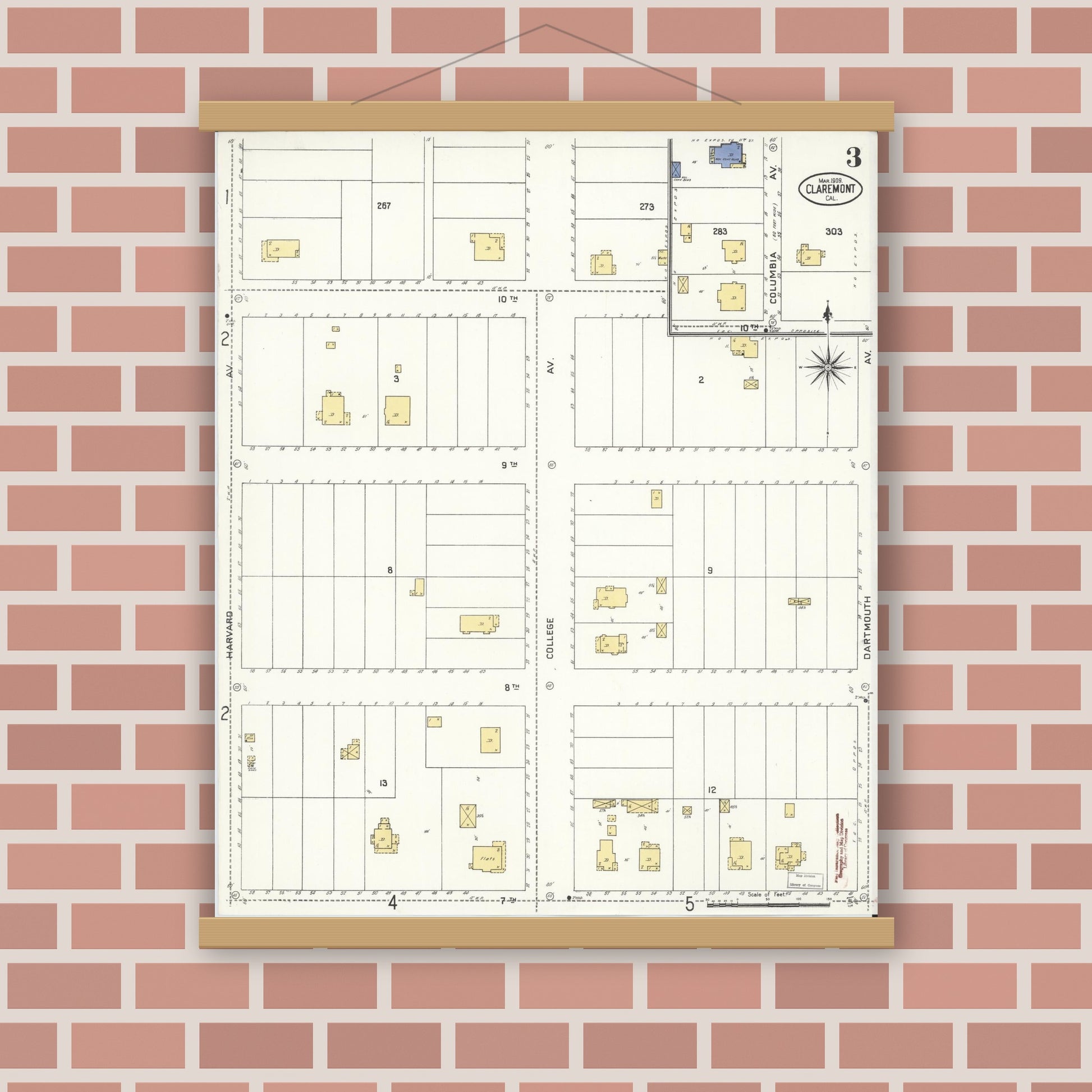 Old map wall art mockup — magnetic wood frame on brick wall — Sanborn Fire Insurance Map from Claremont, Los Angeles County, California (1909), Sheet #0003