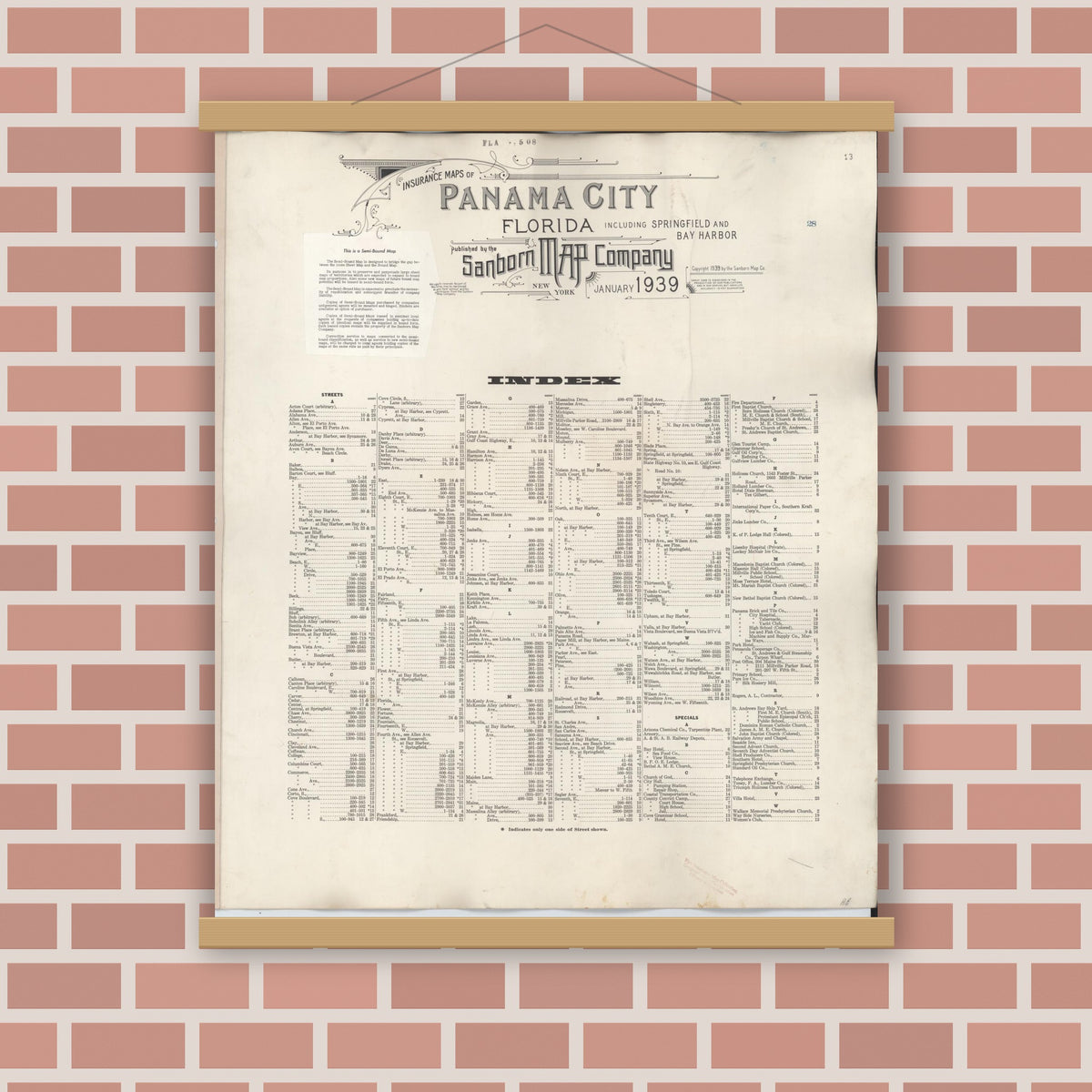 Old map wall art mockup — magnetic wood frame on brick wall — Sanborn Fire Insurance Map from Panama City, Bay County, Florida (1950), Sheet #0001