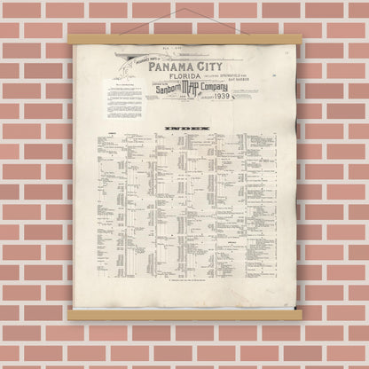Old map wall art mockup — magnetic wood frame on brick wall — Sanborn Fire Insurance Map from Panama City, Bay County, Florida (1950), Sheet #0001