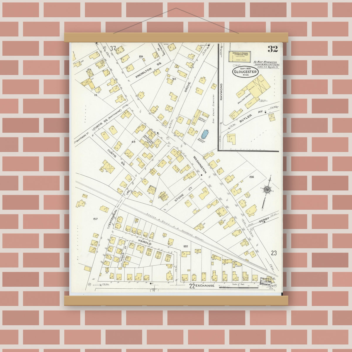 Old map wall art mockup — magnetic wood frame on brick wall — Sanborn Fire Insurance Map from Gloucester, Essex County, Massachusetts (1909), Sheet #0032