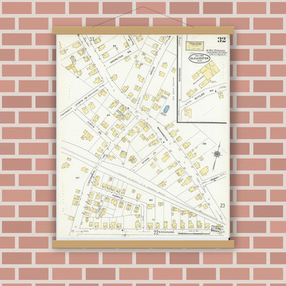 Old map wall art mockup — magnetic wood frame on brick wall — Sanborn Fire Insurance Map from Gloucester, Essex County, Massachusetts (1909), Sheet #0032