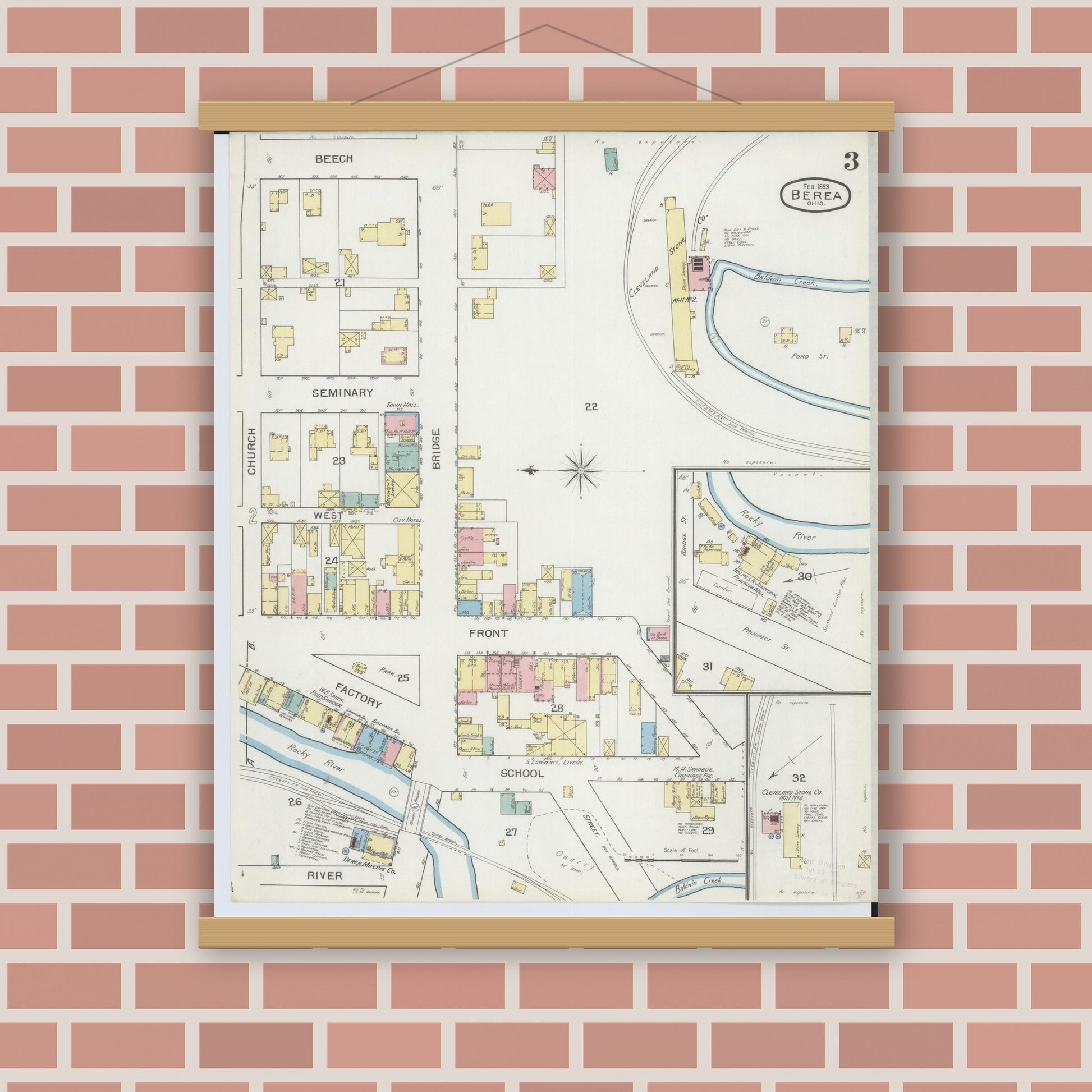 Old map wall art mockup — magnetic wood frame on brick wall — Sanborn Fire Insurance Map from Berea, Cuyahoga County, Ohio (1893), Sheet #0003