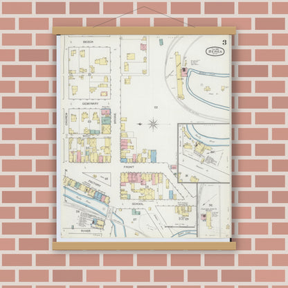Old map wall art mockup — magnetic wood frame on brick wall — Sanborn Fire Insurance Map from Berea, Cuyahoga County, Ohio (1893), Sheet #0003