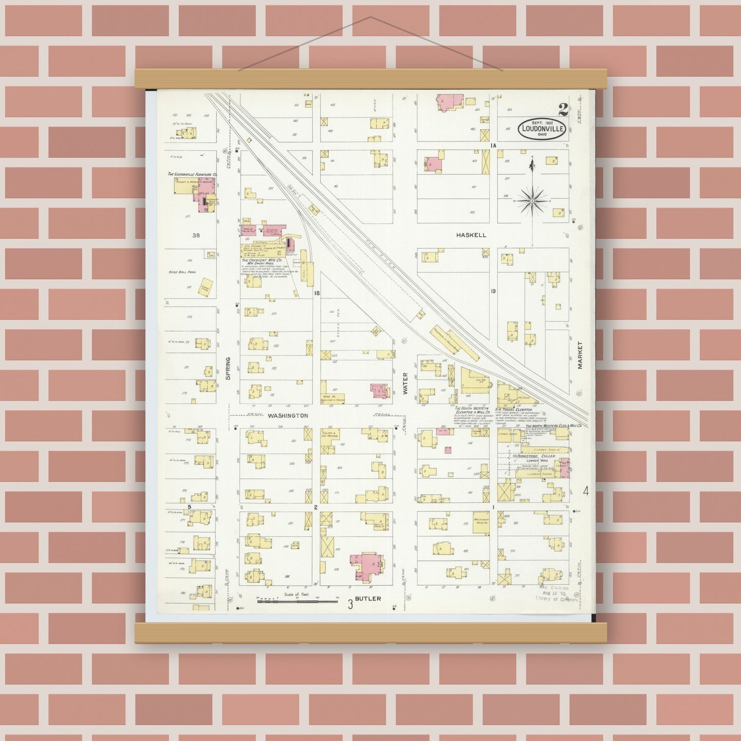 Old map wall art mockup — magnetic wood frame on brick wall — Sanborn Fire Insurance Map from Loudonville, Ashland County, Ohio (1907), Sheet #0002