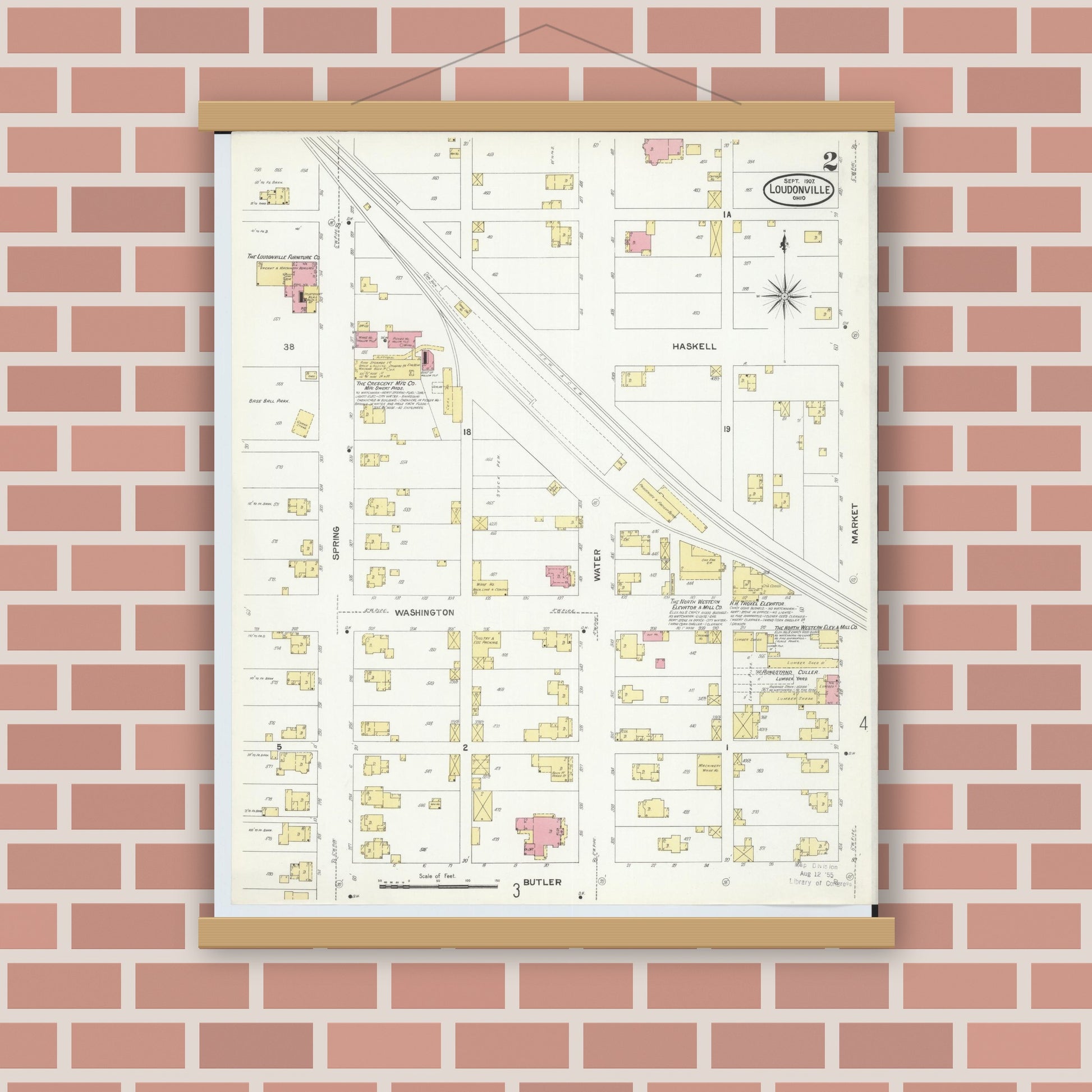Old map wall art mockup — magnetic wood frame on brick wall — Sanborn Fire Insurance Map from Loudonville, Ashland County, Ohio (1907), Sheet #0002