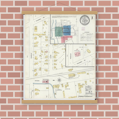 Old map wall art mockup — magnetic wood frame on brick wall — Sanborn Fire Insurance Map from Clinton, Lenawee County, Michigan (1907) - Complete Map Set