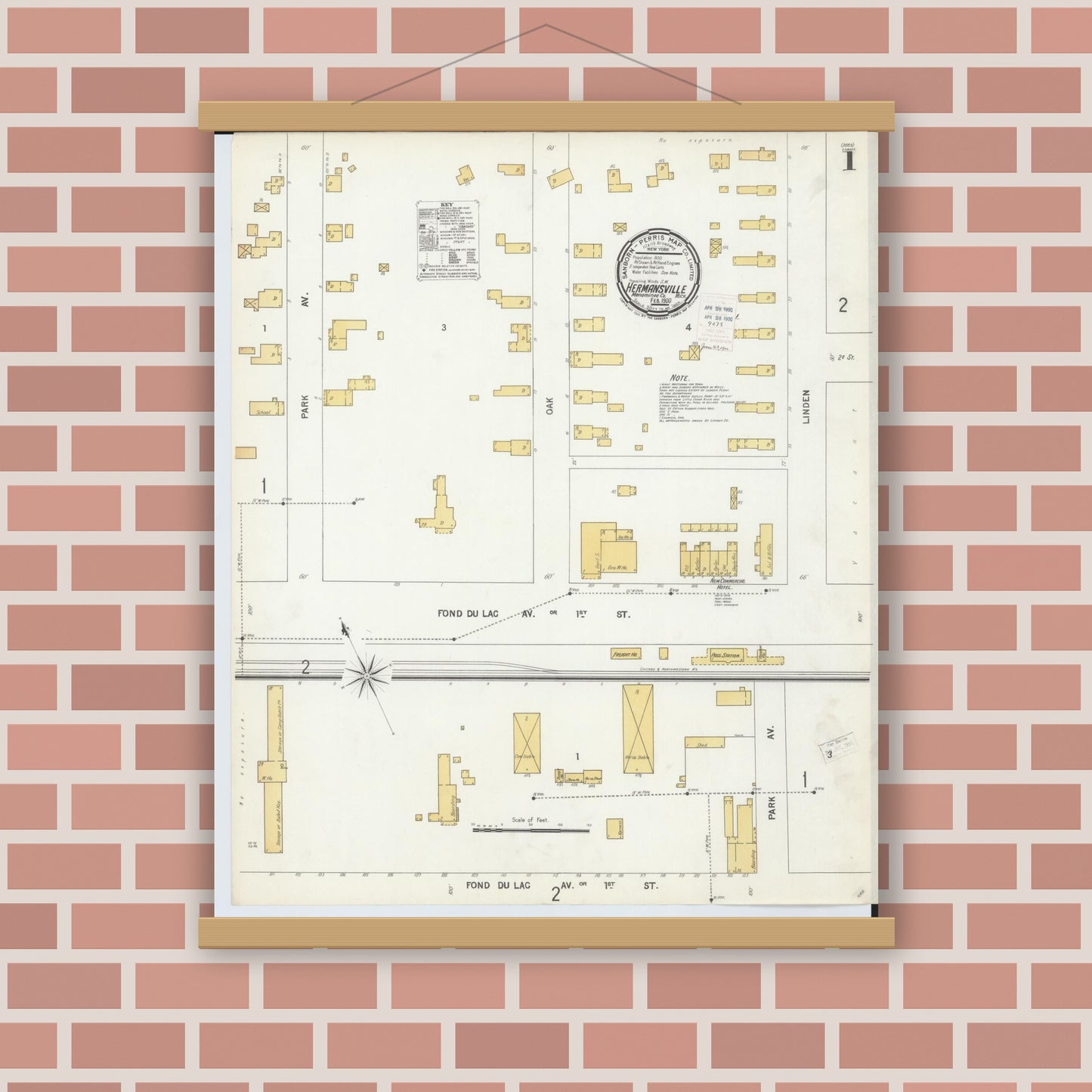 Old map wall art mockup — magnetic wood frame on brick wall — Sanborn Fire Insurance Map from Hermansville, Menominee County, Michigan (1900) - Complete Map Set