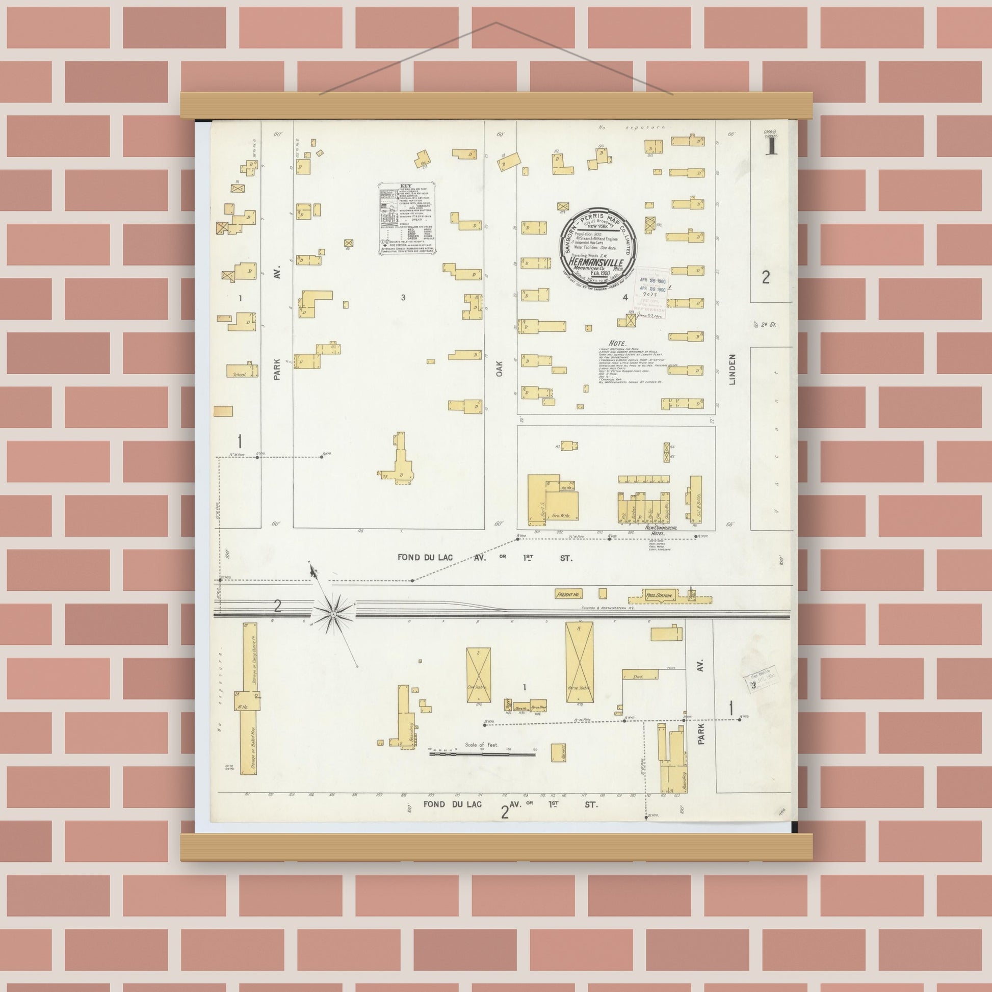 Old map wall art mockup — magnetic wood frame on brick wall — Sanborn Fire Insurance Map from Hermansville, Menominee County, Michigan (1900) - Complete Map Set