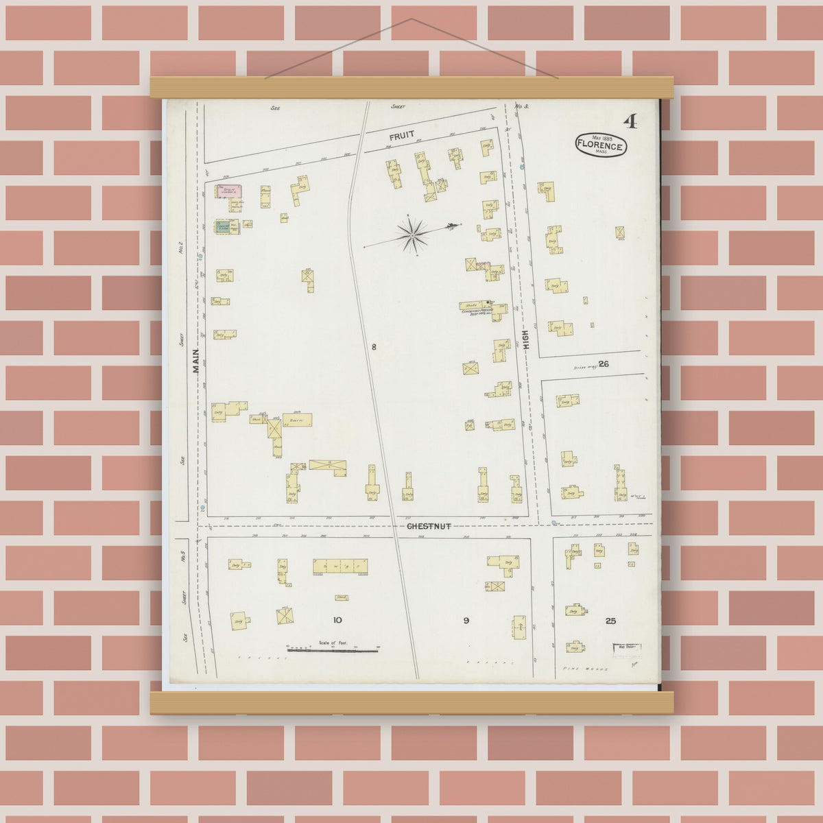 Old map wall art mockup — magnetic wood frame on brick wall — Sanborn Fire Insurance Map from Florence, Hampshire County, Massachusetts (1889), Sheet #0004