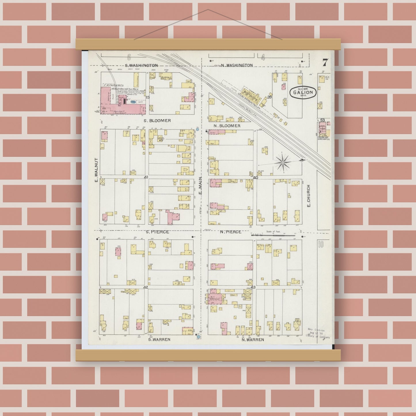 Old map wall art mockup — magnetic wood frame on brick wall — Sanborn Fire Insurance Map from Galion, Crawford County, Ohio (1892), Sheet #0007