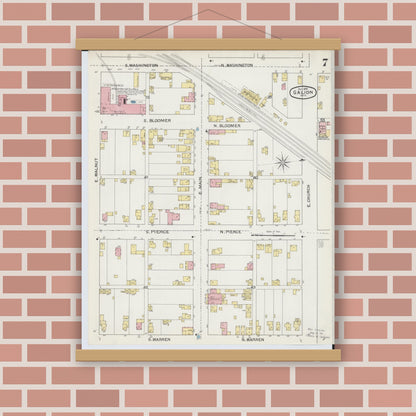 Old map wall art mockup — magnetic wood frame on brick wall — Sanborn Fire Insurance Map from Galion, Crawford County, Ohio (1892), Sheet #0007