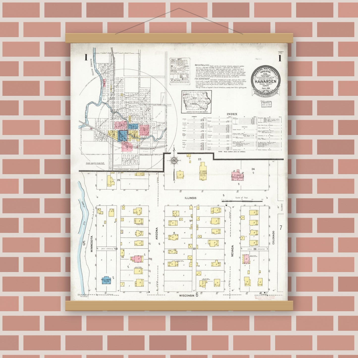 Old map wall art mockup — magnetic wood frame on brick wall — Sanborn Fire Insurance Map from Hawarden, Sioux County, Iowa (1924) â€” Complete Set