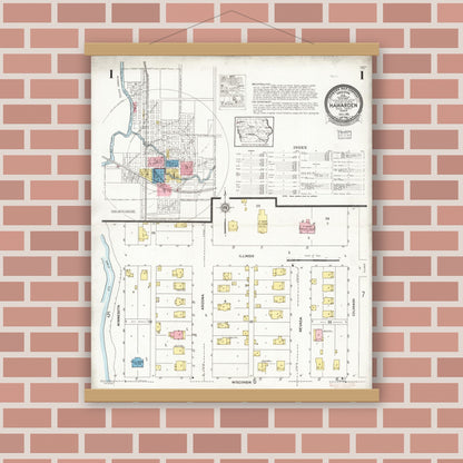 Old map wall art mockup — magnetic wood frame on brick wall — Sanborn Fire Insurance Map from Hawarden, Sioux County, Iowa (1924) â€” Complete Set
