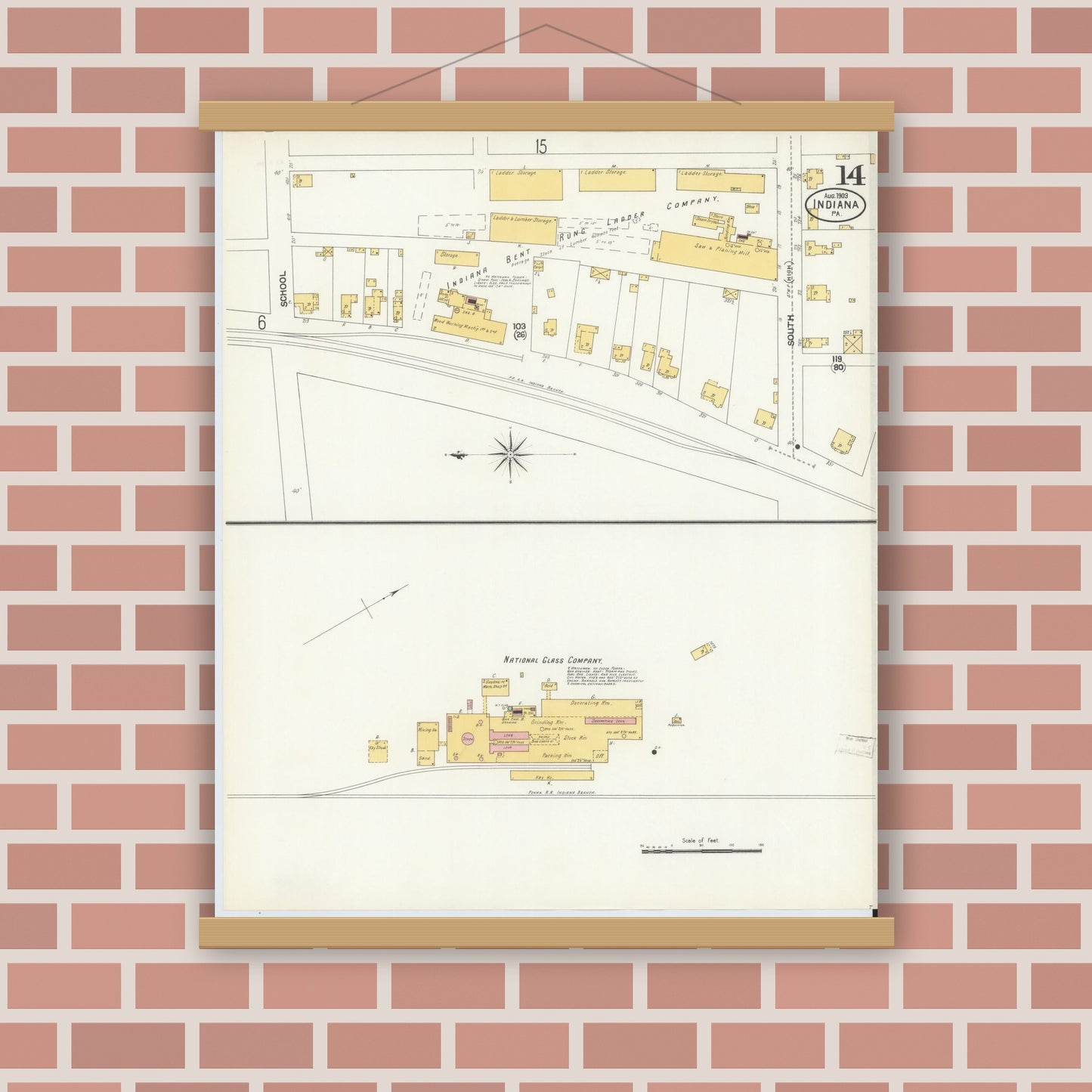 Old map wall art mockup — magnetic wood frame on brick wall — Sanborn Fire Insurance Map from Indiana, Indiana County, Pennsylvania (1903), Sheet #0014