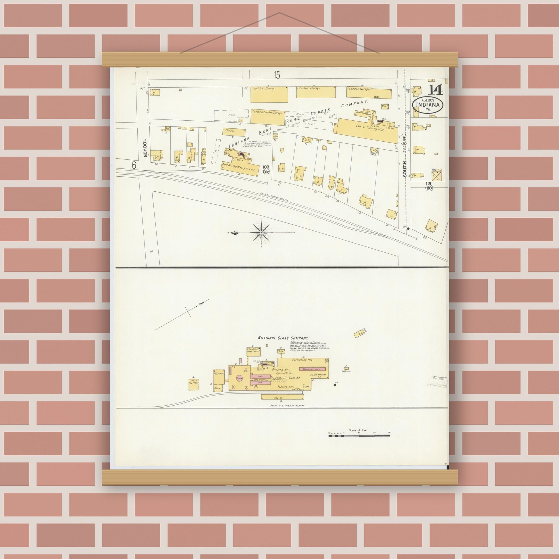 Old map wall art mockup — magnetic wood frame on brick wall — Sanborn Fire Insurance Map from Indiana, Indiana County, Pennsylvania (1903), Sheet #0014