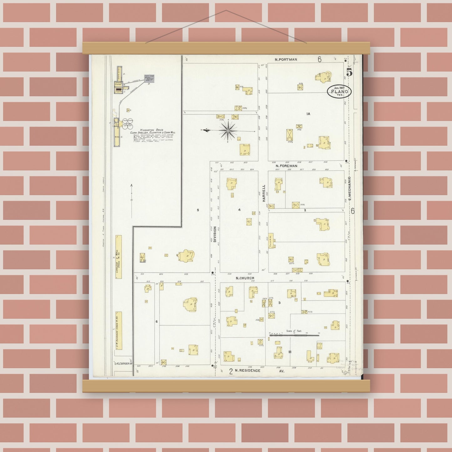 Old map wall art mockup — magnetic wood frame on brick wall — Sanborn Fire Insurance Map from Plano, Collin County, Texas (1907), Sheet #0005