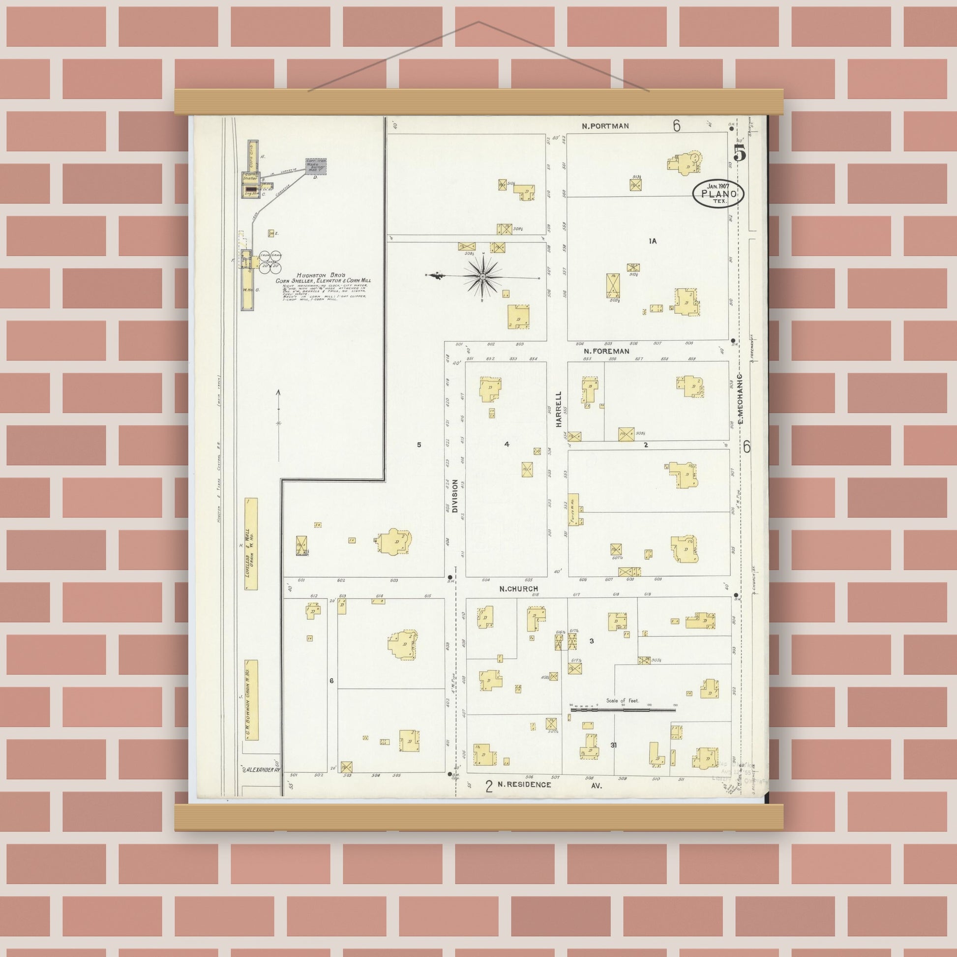 Old map wall art mockup — magnetic wood frame on brick wall — Sanborn Fire Insurance Map from Plano, Collin County, Texas (1907), Sheet #0005