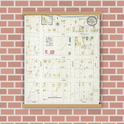 Old map wall art mockup — magnetic wood frame on brick wall — Sanborn Fire Insurance Map from Belleville, Dane County, Wisconsin (1908) - Complete Map Set