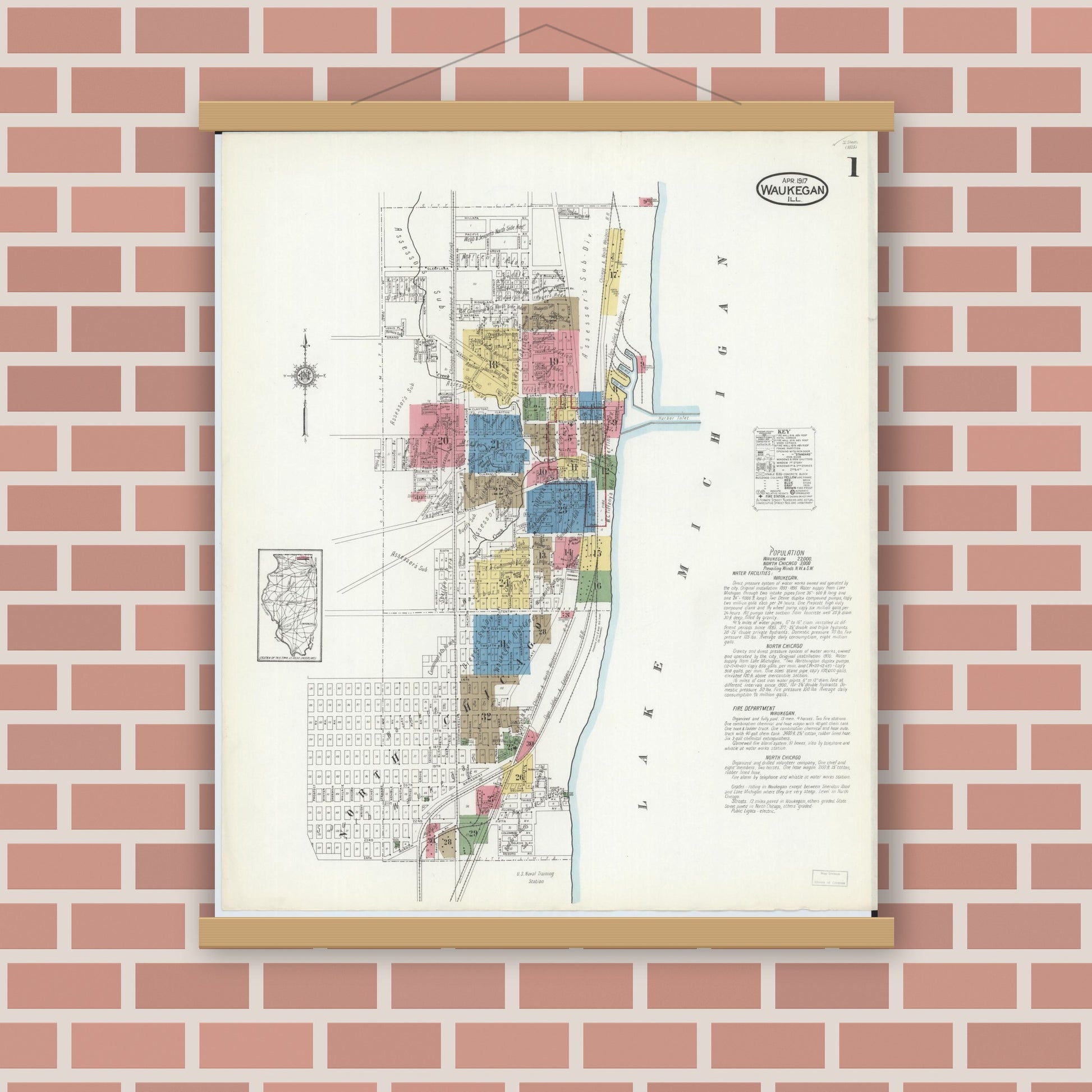 Old map wall art mockup — magnetic wood frame on brick wall — Sanborn Fire Insurance Map from Waukegan, Lake County, Illinois (1917), Sheet #0001